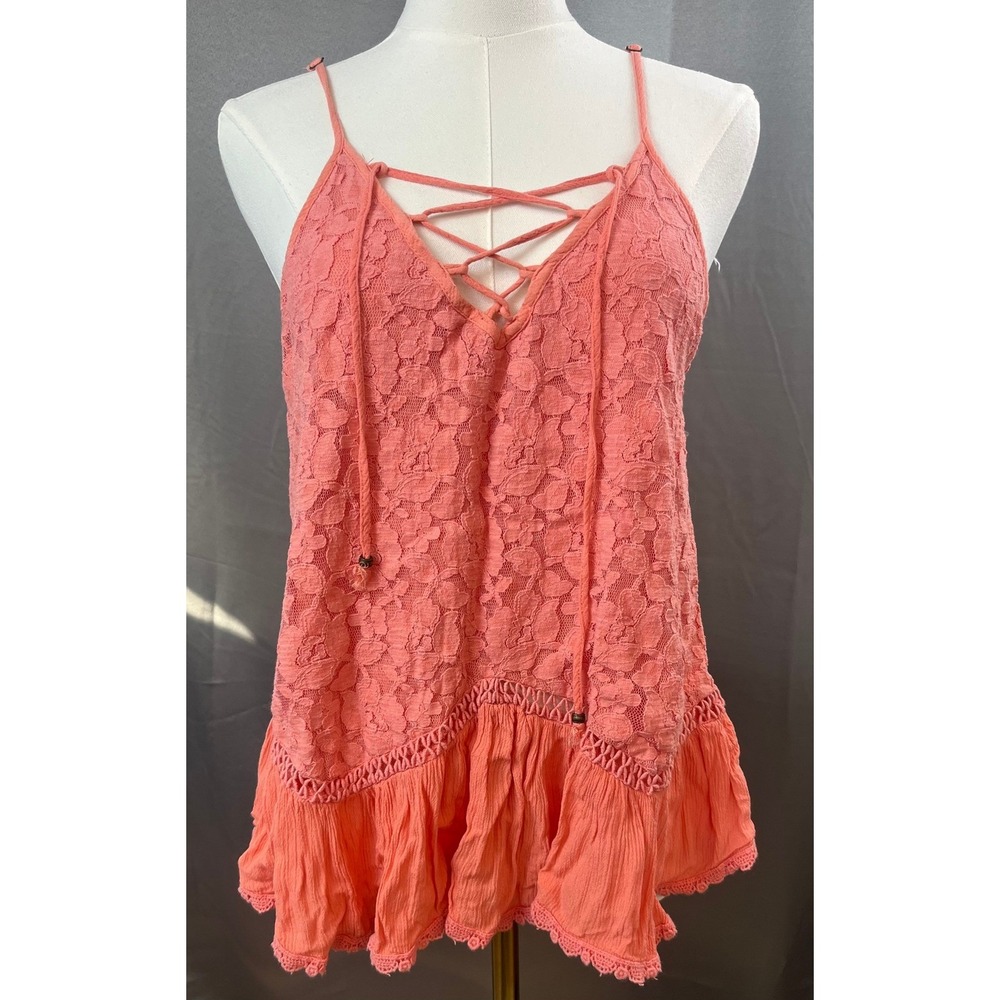 COCO & Jaimeson Boho Lace Ruffle Tank Top V-Neck Tassel Tie Blouse Orange L